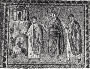 Christus op de weg naar Emmaüs (mozaïek) door Byzantine School